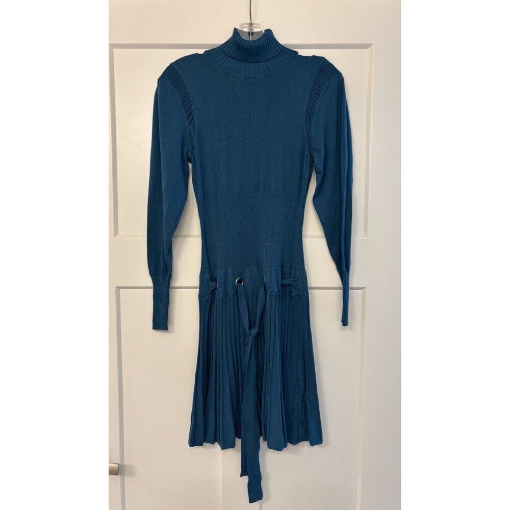 Venus Pleated Turtleneck Long Sleeve Sweater Dress Drop Waist Blue Teal Sz Med